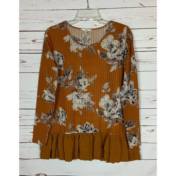 entro Tops - Entro Boutique Women's S Small Mustard Floral Long Sleeve Cute Ruffle Top Shirt